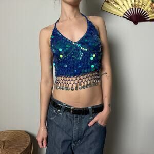 y2k blue sequin boho coin festival coachella rave backless halter crop top